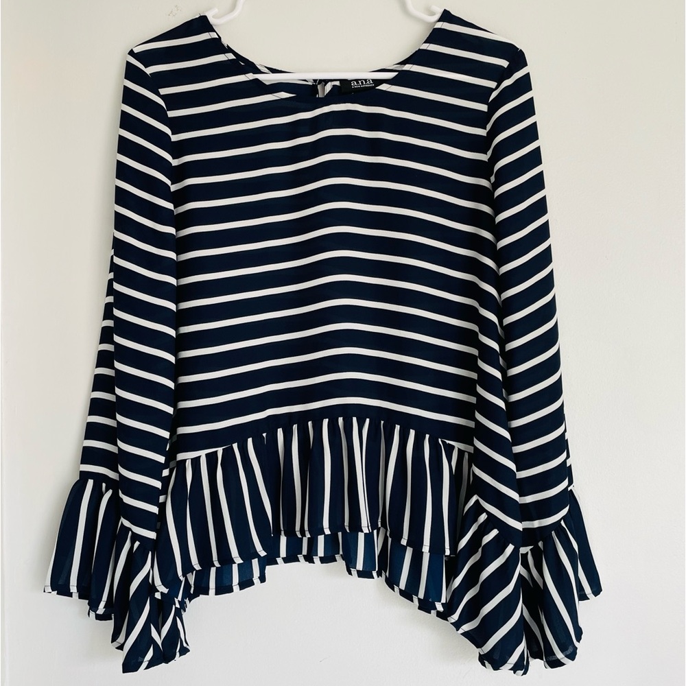 ANA Navy & White Striped Baby Doll Blouse
